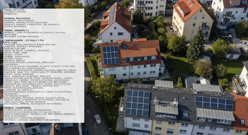 Aerial drone view of typical German residential neighborhood with mixed roof types, red and dark roof tiles, gardens visible, sunny day