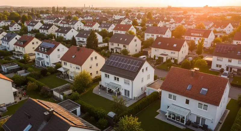 Aerial drone view of typical German residential neighborhood with mixed roof types, red and dark roof tiles, gardens visible, sunny day