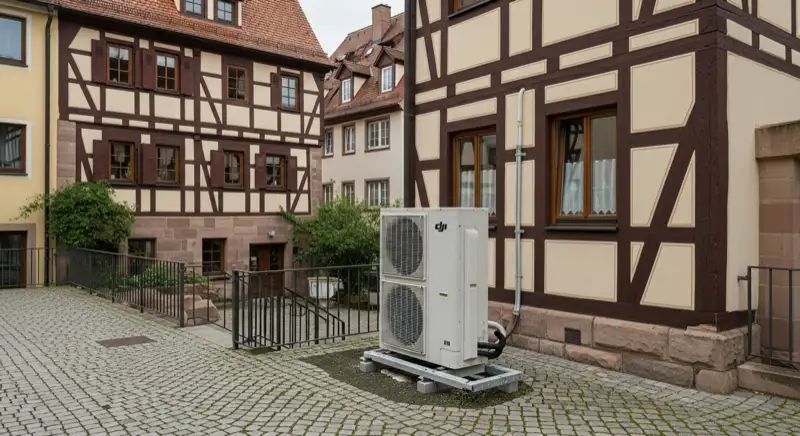 Wärmepumpen-Außeneinheit vor historischer Nürnberger Fachwerkarchitektur