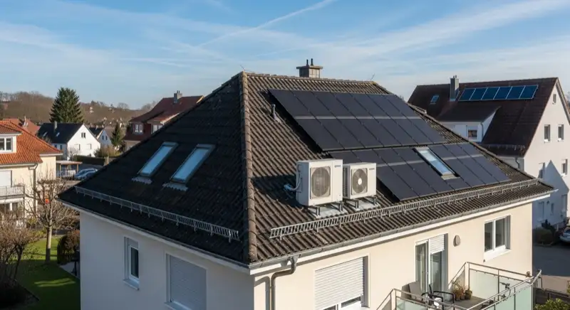Einfamilienhaus mit Wärmepumpen-Außeneinheit in einem Nürtinger Wohngebiet