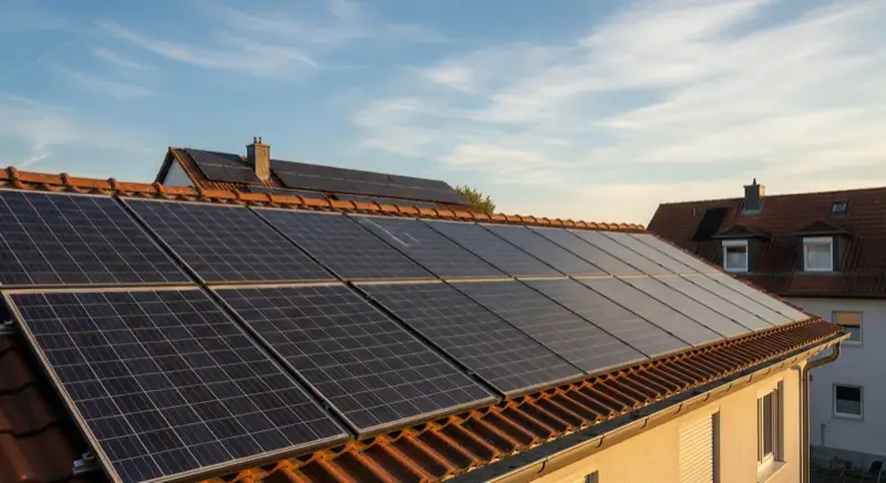 Close-up of photovoltaic solar panels installed on a traditional German Satteldach (gabled roof), blue sky with some clouds