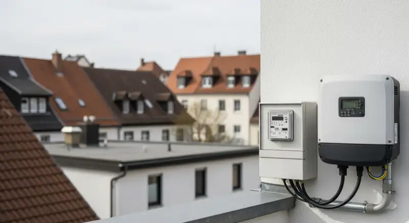 Modern German electrical meter cabinet (Zählerschrank) with smart meter and solar inverter connection, clean technical installation