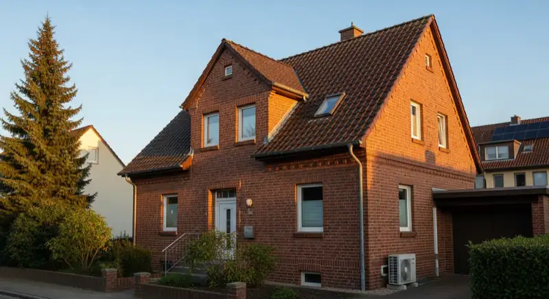Oberhausener Zechensiedlungshaus mit Backsteinwand und moderner Wärmepumpe an der Seite