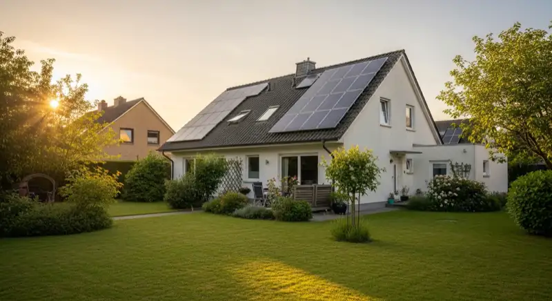 German detached house (Einfamilienhaus) with photovoltaic panels on pitched roof, well-maintained garden, warm afternoon sunlight