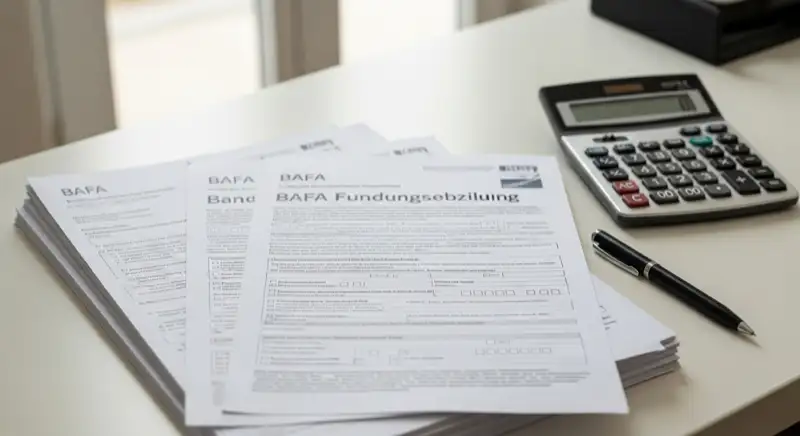 Förderunterlagen und Dokumente für Wärmepumpenförderung auf einem Schreibtisch