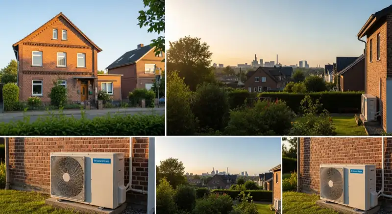 Wärmepumpe an einem Oberhausener Einfamilienhaus im typischen Ruhrgebiets-Stil