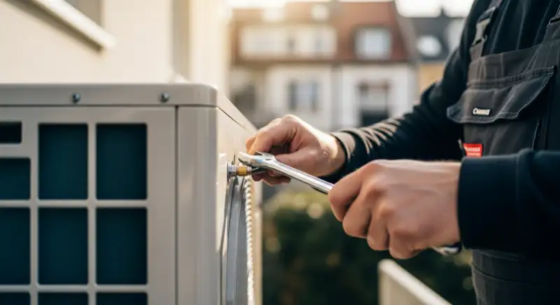 Fachinstallateur bei der Montage einer Wärmepumpe an einem Oberhausener Haus
