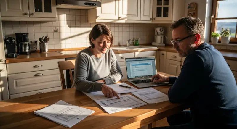 Ehepaar bei der Kaufberatung für eine Wärmepumpe, Unterlagen auf dem Küchentisch