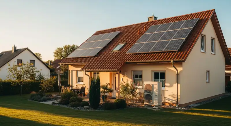 Einfamilienhaus mit Solaranlage auf dem Dach und Wärmepumpe im Garten