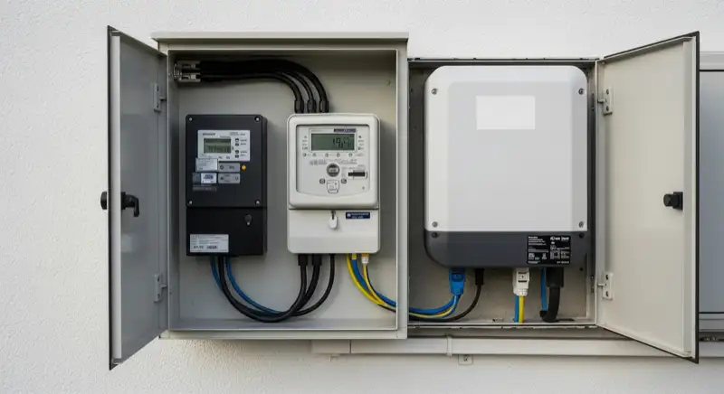Modern German electrical meter cabinet (Zählerschrank) with smart meter and solar inverter connection, clean technical installation