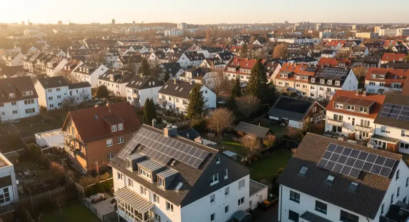 Aerial drone view of typical German residential neighborhood with mixed roof types, red and dark roof tiles, gardens visible, sunny day