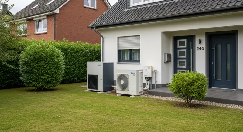 Einfamilienhaus in Sterkrade mit moderner Luft-Wasser-Wärmepumpe im Vorgarten
