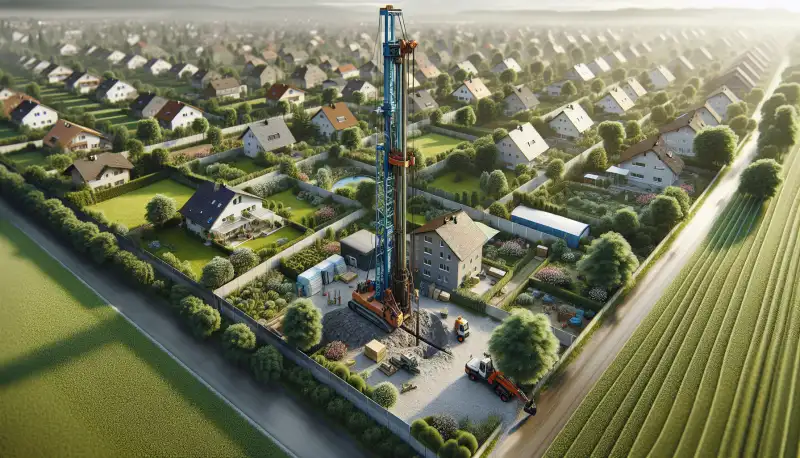 Erdwärmebohrung für eine Sole-Wasser-Wärmepumpe im Garten eines Wohnhauses