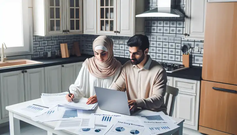 Ehepaar prüft Förderanträge für Wärmepumpe am Küchentisch