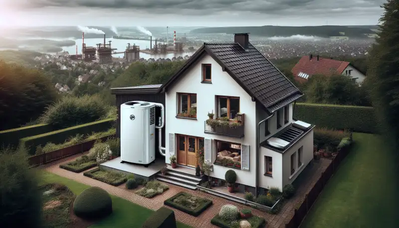 Moderne Wärmepumpe vor einem Einfamilienhaus in Oberhausen, Ruhrgebiet