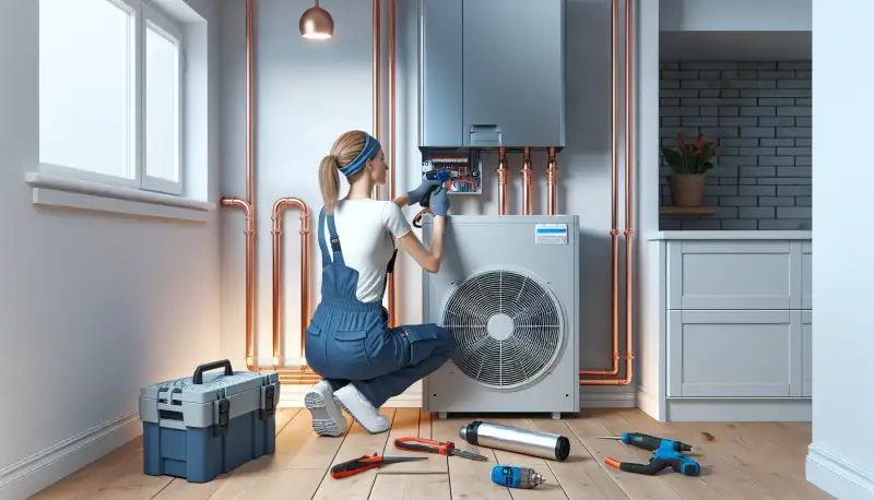 Techniker installiert Wärmepumpe im Keller eines Oberhausener Einfamilienhauses