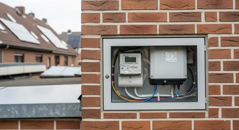 Modern German electrical meter cabinet (Zählerschrank) with smart meter and solar inverter connection, clean technical installation