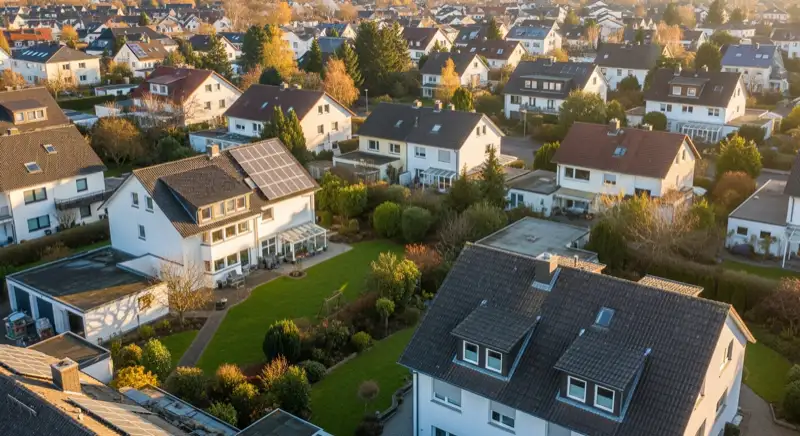 Aerial drone view of typical German residential neighborhood with mixed roof types, red and dark roof tiles, gardens visible, sunny day