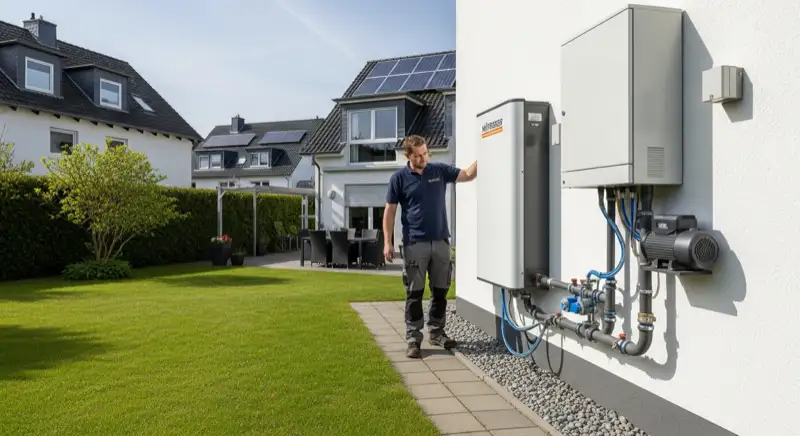 Installateur montiert Wärmepumpen-Außeneinheit an Einfamilienhaus in Oberhausen