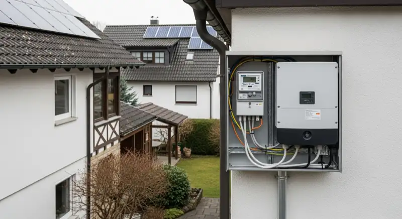 Modern German electrical meter cabinet (Zählerschrank) with smart meter and solar inverter connection, clean technical installation