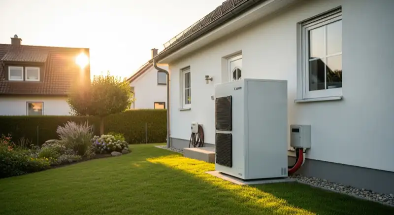 Moderne Luft-Wasser-Wärmepumpe vor einem typischen Oberursel Einfamilienhaus mit gepflegtem Garten