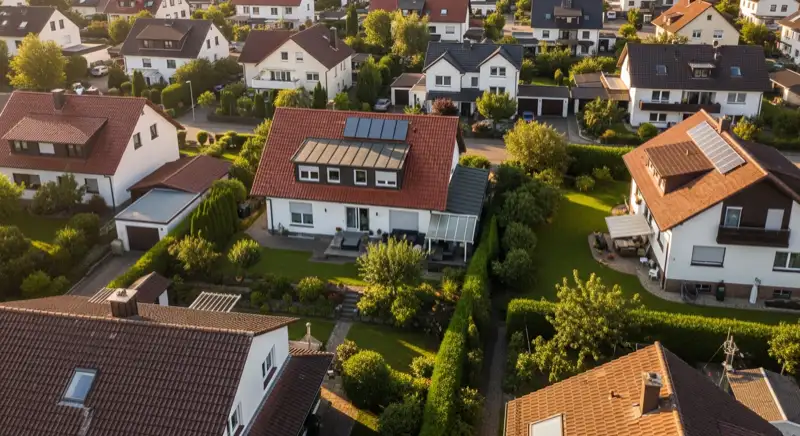 Aerial drone view of typical German residential neighborhood with mixed roof types, red and dark roof tiles, gardens visible, sunny day
