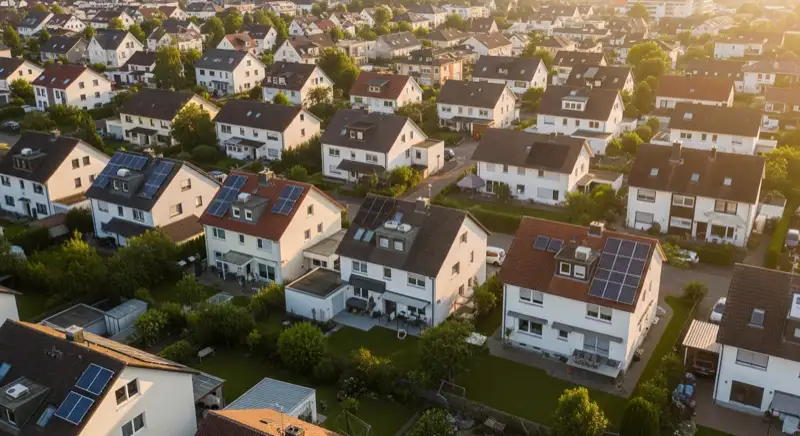 Aerial drone view of typical German residential neighborhood with mixed roof types, red and dark roof tiles, gardens visible, sunny day