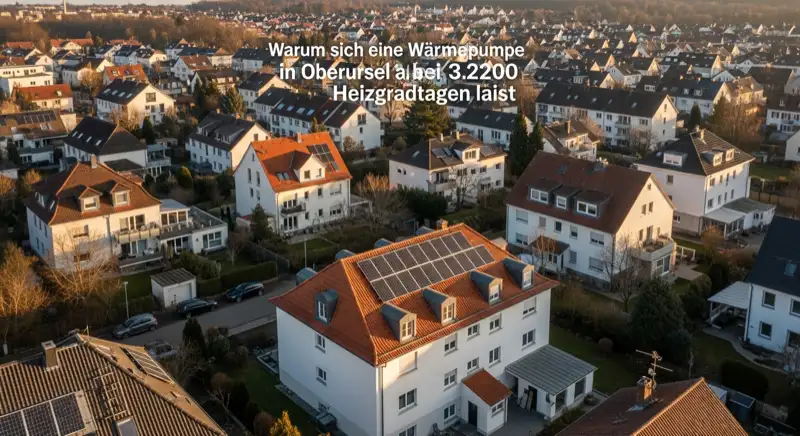 Aerial drone view of typical German residential neighborhood with mixed roof types, red and dark roof tiles, gardens visible, sunny day