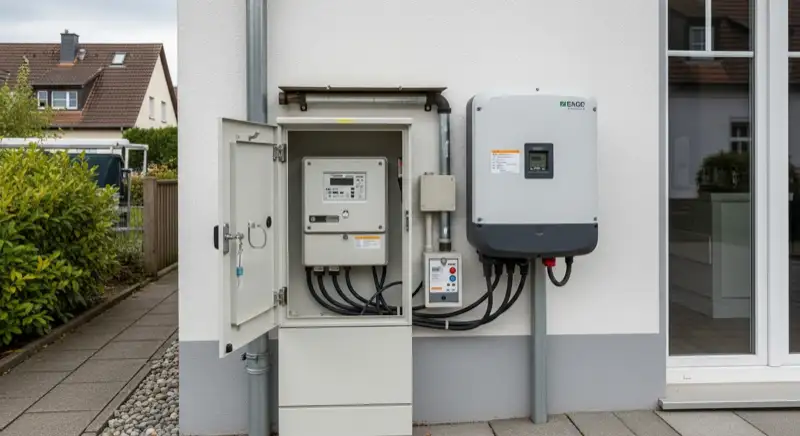 Modern German electrical meter cabinet (Zählerschrank) with smart meter and solar inverter connection, clean technical installation