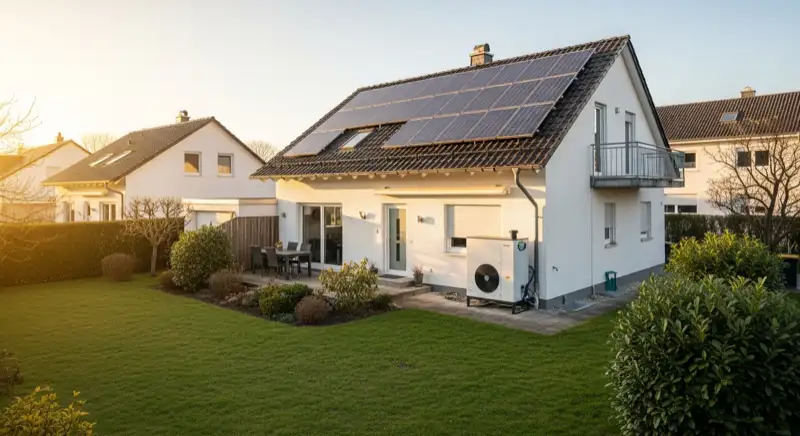 Einfamilienhaus in Oberursel mit Photovoltaik-Anlage auf dem Dach und Luft-Wärmepumpe im Garten