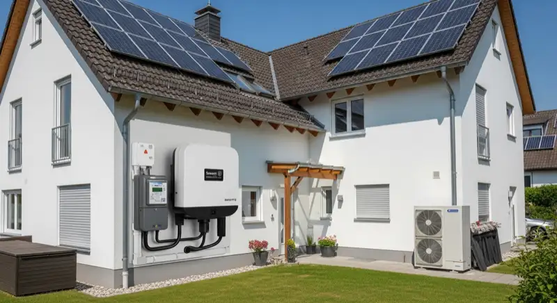 Modern German electrical meter cabinet (Zählerschrank) with smart meter and solar inverter connection, clean technical installation
