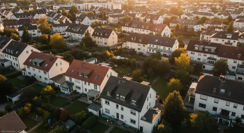 Aerial drone view of typical German residential neighborhood with mixed roof types, red and dark roof tiles, gardens visible, sunny day