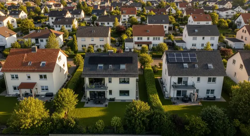Aerial drone view of typical German residential neighborhood with mixed roof types, red and dark roof tiles, gardens visible, sunny day