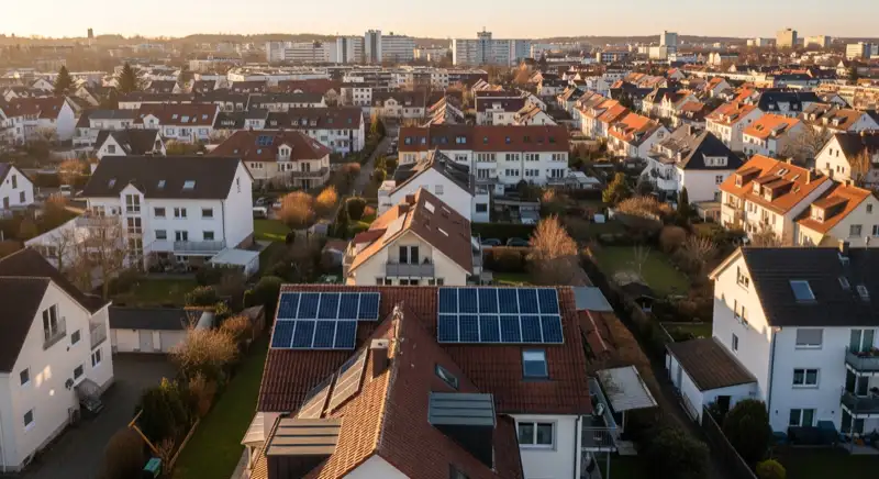 Aerial drone view of typical German residential neighborhood with mixed roof types, red and dark roof tiles, gardens visible, sunny day