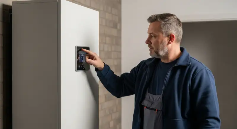 Luft-Wasser-Wärmepumpe vor einem Oldenburger Reihenhaus mit rotem Backstein