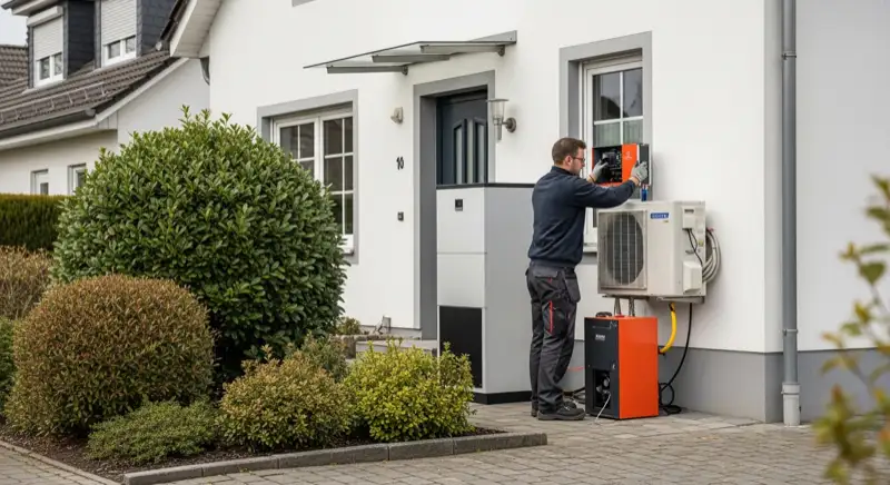 Heizungsbauer installiert Wärmepumpe an einem Oldenburger Einfamilienhaus