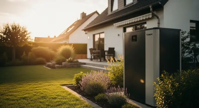 Moderne Luft-Wasser-Wärmepumpe im Vorgarten eines Altoldenburger Hauses in Bloherfelde mit rotem Klinker