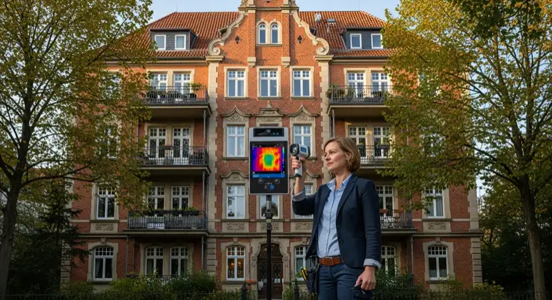 Winterszene in einem Oldenburger Vorort mit Altoldenburger Häusern und Wärmepumpe, Hunte im Hintergrund