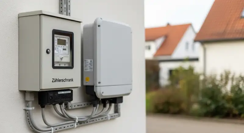 Modern German electrical meter cabinet (Zählerschrank) with smart meter and solar inverter connection, clean technical installation