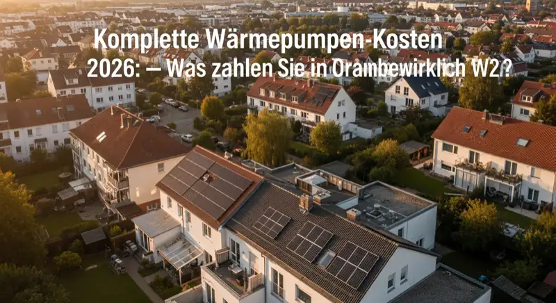Aerial drone view of typical German residential neighborhood with mixed roof types, red and dark roof tiles, gardens visible, sunny day
