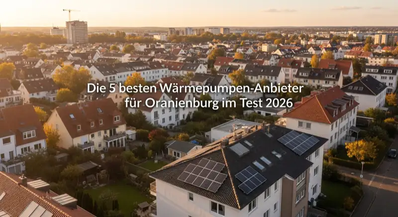 Aerial drone view of typical German residential neighborhood with mixed roof types, red and dark roof tiles, gardens visible, sunny day