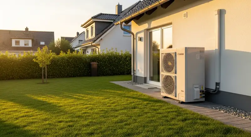 Moderne Luft-Wasser-Wärmepumpe neben Einfamilienhaus mit gepflegtem Garten in Oranienburg