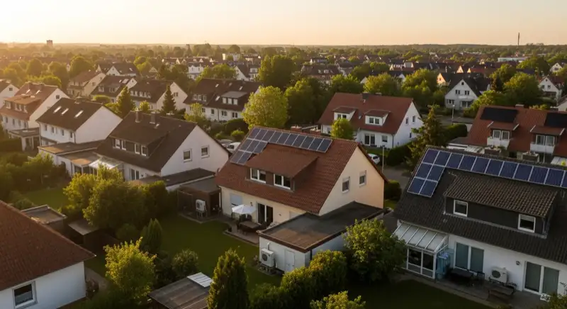 Aerial drone view of typical German residential neighborhood with mixed roof types, red and dark roof tiles, gardens visible, sunny day