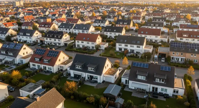 Aerial drone view of typical German residential neighborhood with mixed roof types, red and dark roof tiles, gardens visible, sunny day