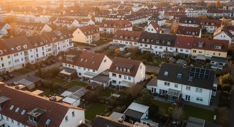 Aerial drone view of typical German residential neighborhood with mixed roof types, red and dark roof tiles, gardens visible, sunny day