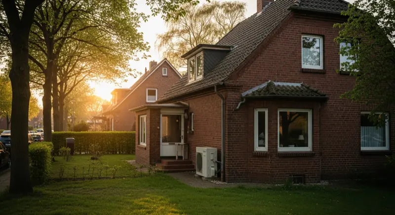 Einfamilienhaus mit Wärmepumpe im Vorgarten in einem Osnabrücker Wohngebiet mit typischer Backstein-Architektur