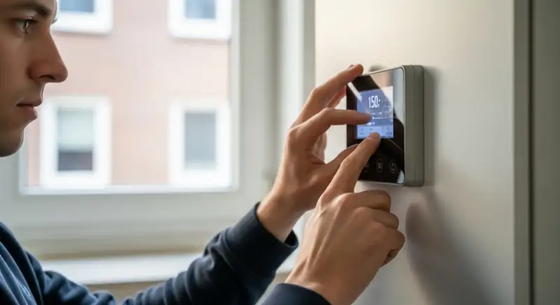 Luft-Wasser-Wärmepumpe vor einem Osnabrücker Reihenhaus mit rotem Backstein