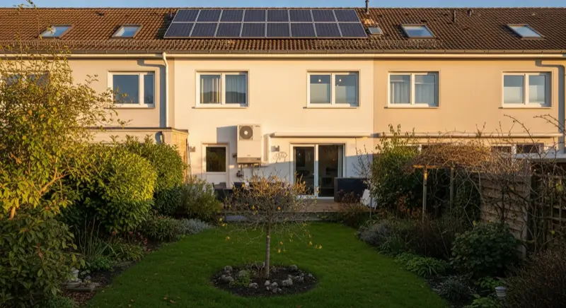 Wärmepumpe kombiniert mit Solaranlage auf einem Osnabrücker Haus mit Gartenblick