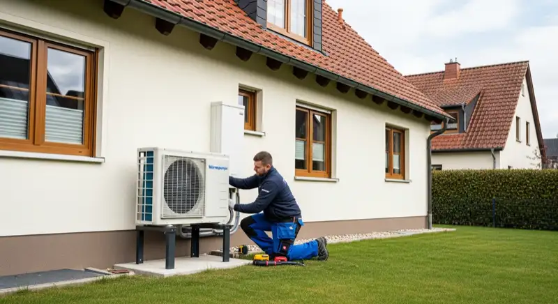 Heizungsbauer installiert Wärmepumpe an einem Osnabrücker Einfamilienhaus