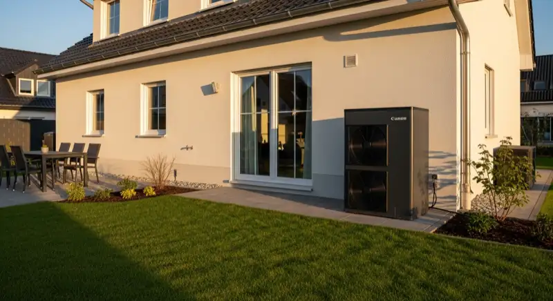 Moderne Luft-Wasser-Wärmepumpe im Vorgarten eines Altosnabrücker Hauses in Westerberg mit rotem Klinker